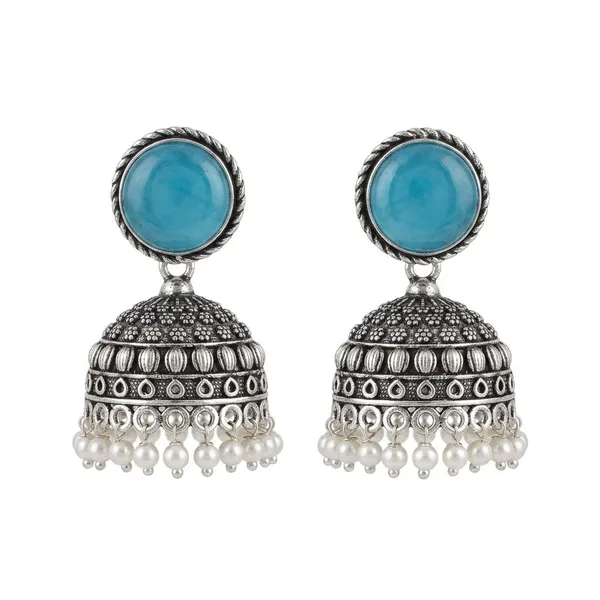 Oxidised_Silver_Jhumka_Earrings_With_Turquoise_Stone_Top_And_Pearl_Drops_Traditional_Indian_Style