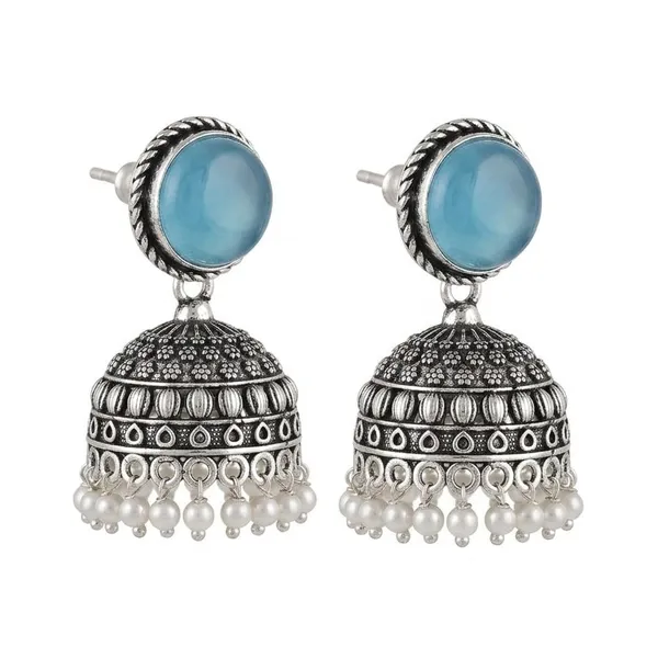 Oxidised_Silver_Jhumka_Earrings_With_Turquoise_Stone_Top_And_Pearl_Drops_Traditional_Indian_Style