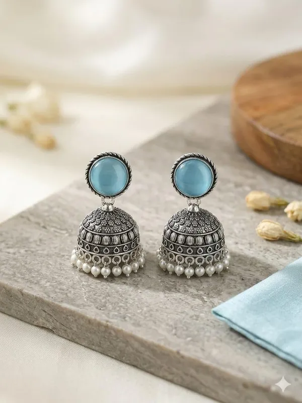 Oxidised_Silver_Jhumka_Earrings_With_Turquoise_Stone_Top_And_Pearl_Drops_Traditional_Indian_Style