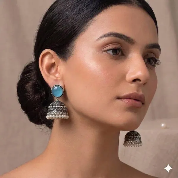 Oxidised_Silver_Jhumka_Earrings_With_Turquoise_Stone_Top_And_Pearl_Drops_Traditional_Indian_Style
