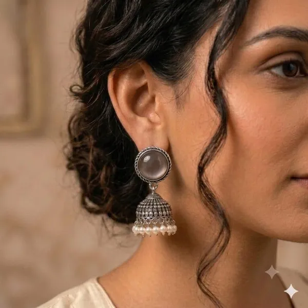 Oxidised_Silver_Jhumka_Earrings_With_Turquoise_Stone_Top_And_Pearl_Drops_Traditional_Indian_Style