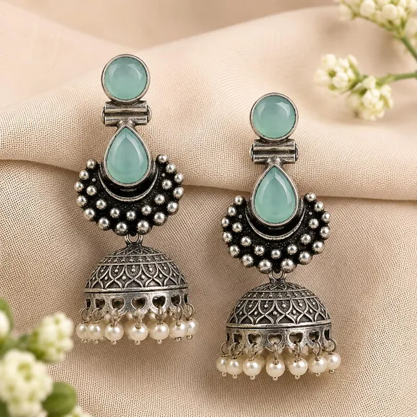 Oxidised_Silver_Jhumka_Earrings_With_Stone_And_Pearl_Drops_Traditional_Indian_Style
