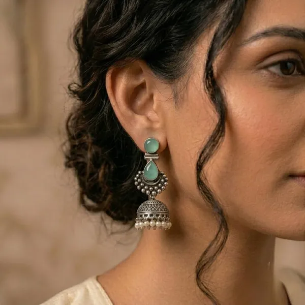 Oxidised_Silver_Jhumka_Earrings_With_Stone_And_Pearl_Drops_Traditional_Indian_Style