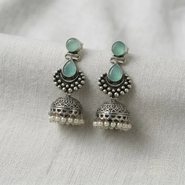 Oxidised_Silver_Jhumka_Earrings_With_Stone_And_Pearl_Drops_Traditional_Indian_Style
