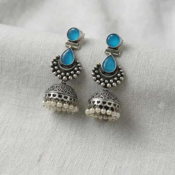Oxidised_Silver_Jhumka_Earrings_With_Stone_And_Pearl_Drops_Traditional_Indian_Style