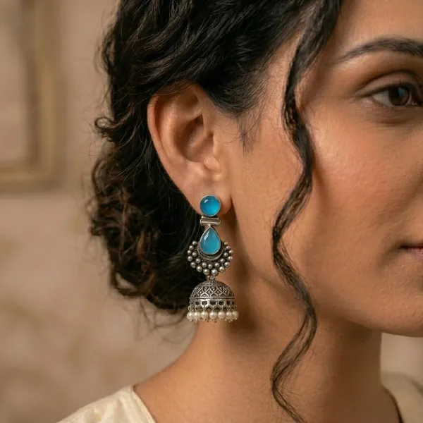 Oxidised_Silver_Jhumka_Earrings_With_Stone_And_Pearl_Drops_Traditional_Indian_Style
