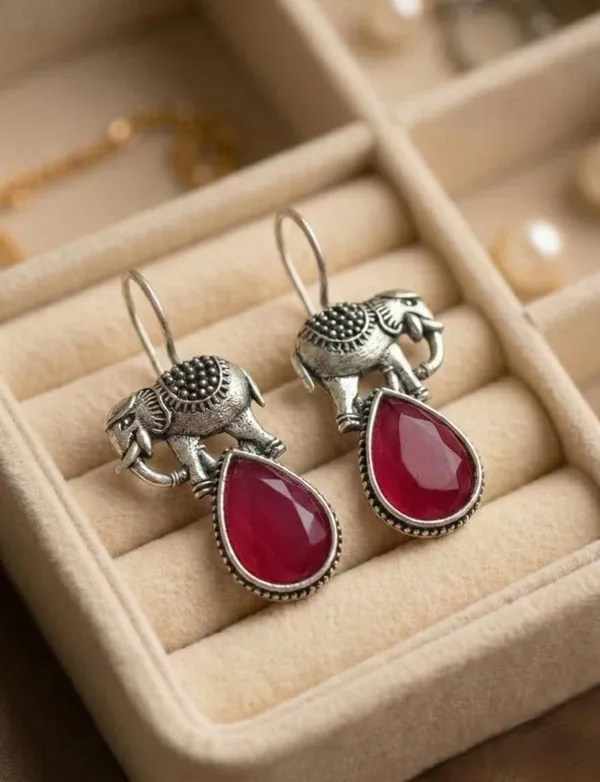 Vintage_Elephant_Drop_Earrings_Antique_Oxidised_Silver_Tone_With_Blue_Teardrop_Crystal_Hook_Style