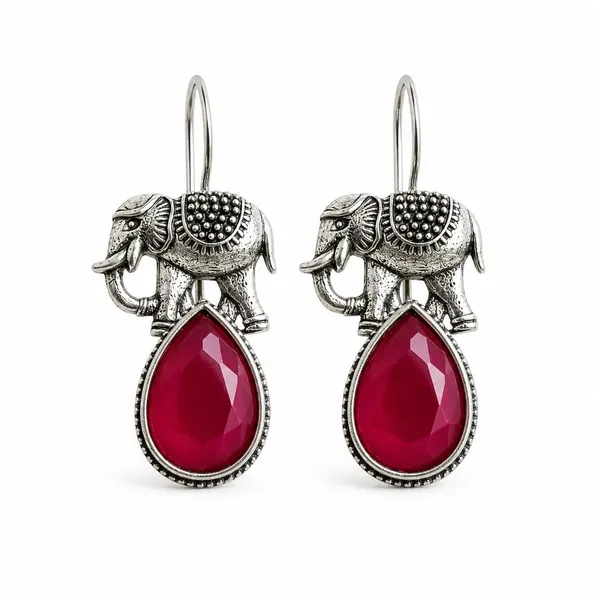 Vintage_Elephant_Drop_Earrings_Antique_Oxidised_Silver_Tone_With_Blue_Teardrop_Crystal_Hook_Style
