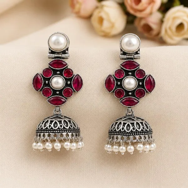 Earrings_For_Women_Girls_Stones_Pearl_Drops_Jhumka_Earrings_Oxidised_Silver