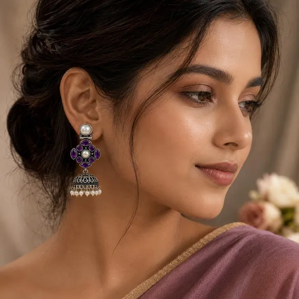 Earrings_For_Women_Girls_Stones_Pearl_Drops_Jhumka_Earrings_Oxidised_Silver