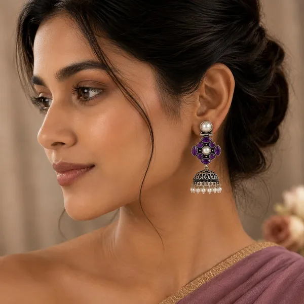 Earrings_For_Women_Girls_Stones_Pearl_Drops_Jhumka_Earrings_Oxidised_Silver