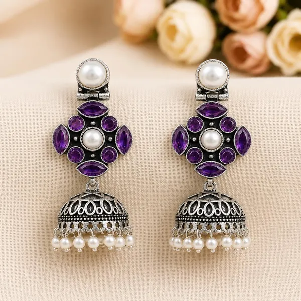 Earrings_For_Women_Girls_Stones_Pearl_Drops_Jhumka_Earrings_Oxidised_Silver