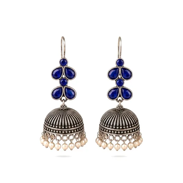 Oxidised_Silver_Jhumka_Earrings_With_Blue_Stone_And_Pearl_Drops_Traditional_Indian_Style