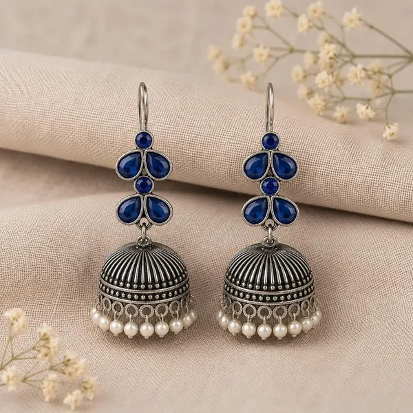 Oxidised_Silver_Jhumka_Earrings_With_Blue_Stone_And_Pearl_Drops_Traditional_Indian_Style