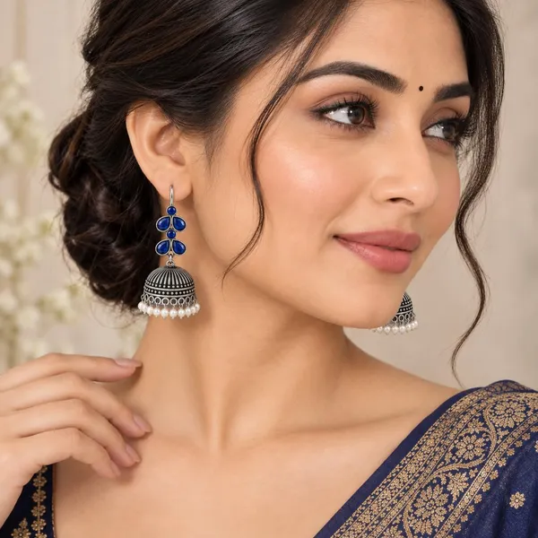 Oxidised_Silver_Jhumka_Earrings_With_Blue_Stone_And_Pearl_Drops_Traditional_Indian_Style