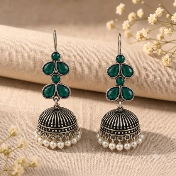 Oxidised_Silver_Jhumka_Earrings_With_Blue_Stone_And_Pearl_Drops_Traditional_Indian_Style