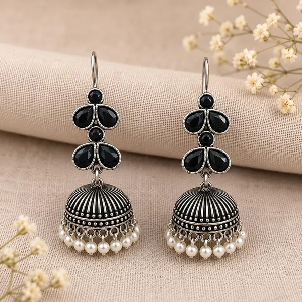 Oxidised_Silver_Jhumka_Earrings_With_Blue_Stone_And_Pearl_Drops_Traditional_Indian_Style