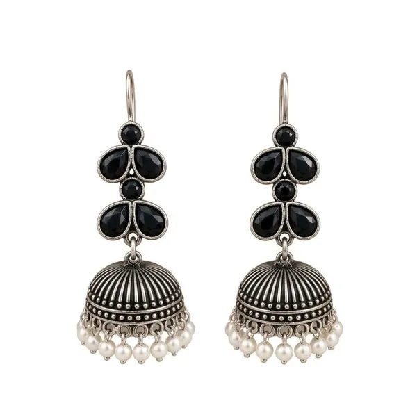 Oxidised_Silver_Jhumka_Earrings_With_Blue_Stone_And_Pearl_Drops_Traditional_Indian_Style