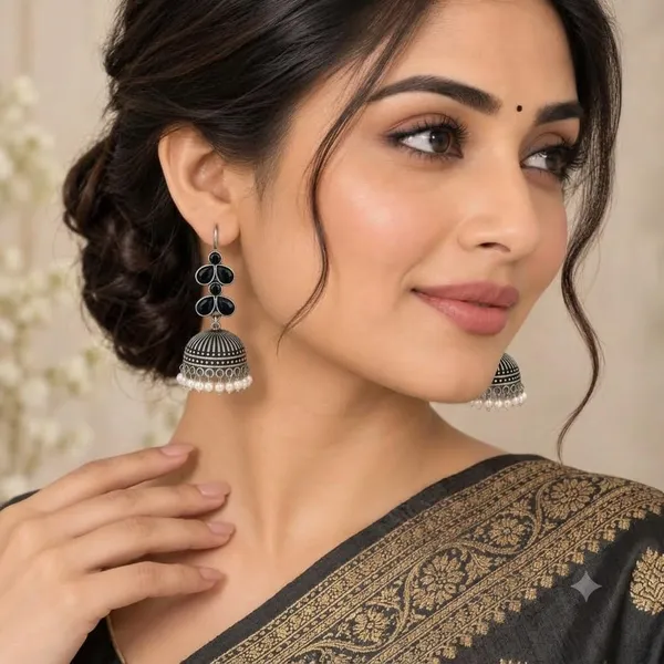 Oxidised_Silver_Jhumka_Earrings_With_Blue_Stone_And_Pearl_Drops_Traditional_Indian_Style