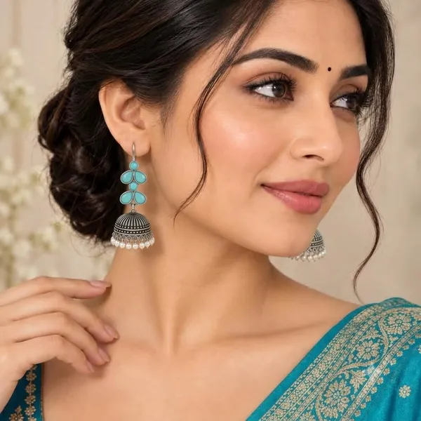 Oxidised_Silver_Jhumka_Earrings_With_Blue_Stone_And_Pearl_Drops_Traditional_Indian_Style