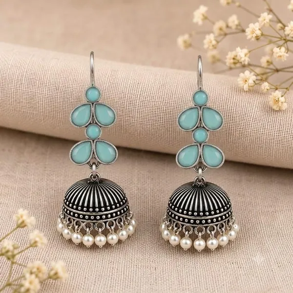 Oxidised_Silver_Jhumka_Earrings_With_Blue_Stone_And_Pearl_Drops_Traditional_Indian_Style