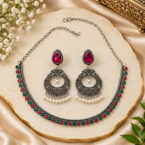 Oxidised_Silver_Choker_Necklace_And_Earrings_Jewellery_Set