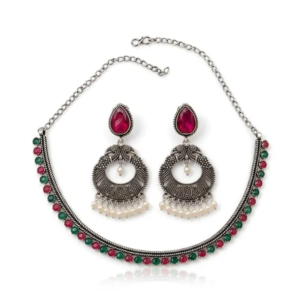 Oxidised_Silver_Choker_Necklace_And_Earrings_Jewellery_Set