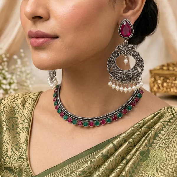 Oxidised_Silver_Choker_Necklace_And_Earrings_Jewellery_Set