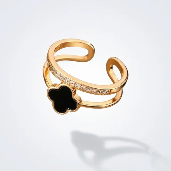 Clover_Charm_Gold_Clover_Adjustable_Cuff_Ring_Black_For_Women