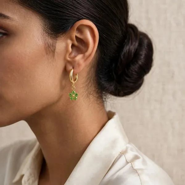 Petal_Bloom_Zircon_Flower_Pendant_Gold_Huggie_Earrings_Green