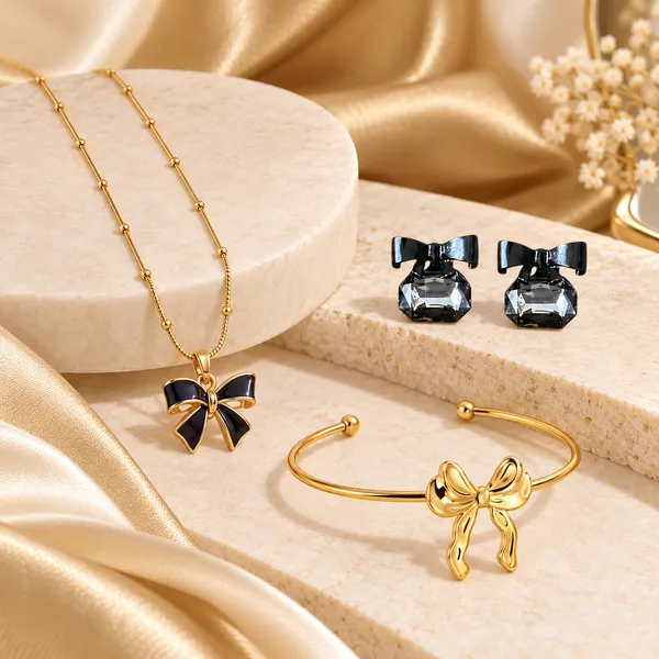 Bow_Set_Gold_Pendant_Necklace_Stud_Earrings_Cuff_For_Women_Pack_Of_3