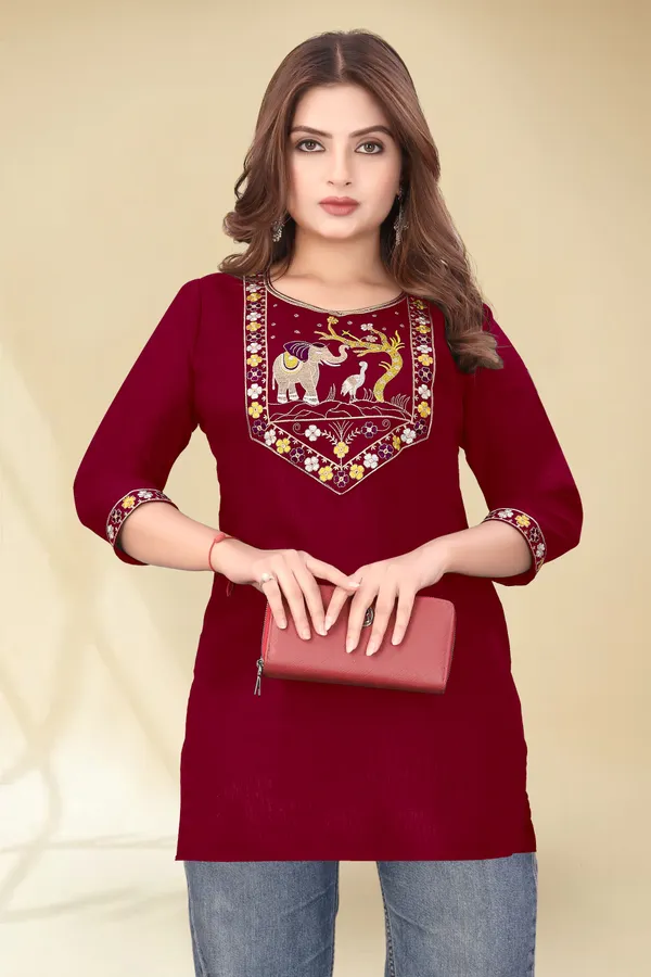 Maroon_Embroidered_Straight_Kurti_for_Women
