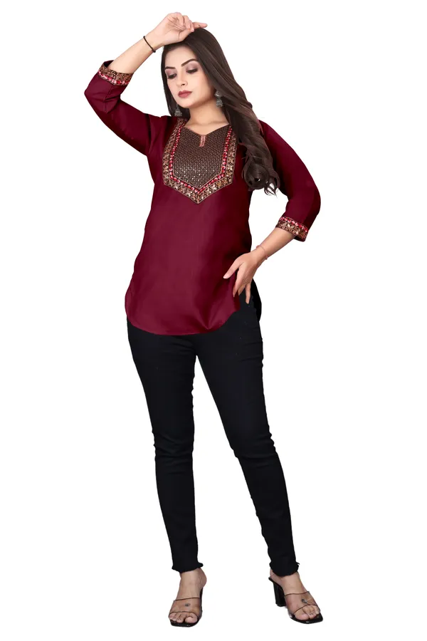 Maroon_Embroidered_Straight_Kurti_for_Women