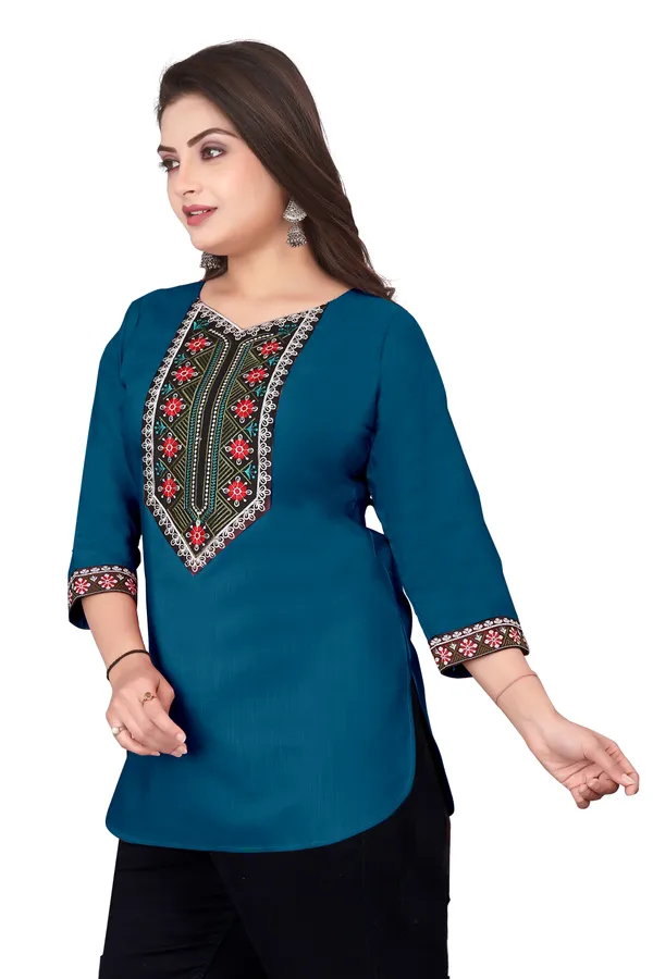 Blue_Embroidered_Straight_Kurti_for_Women