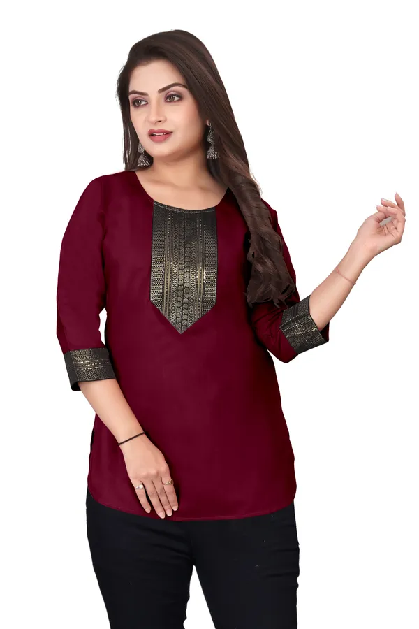 Maroon_Printed_3/4_Sleeve_Tunic_Top_for_Women