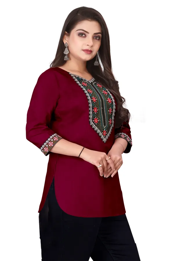 Maroon_Embroidered_Straight_Kurti_for_Women