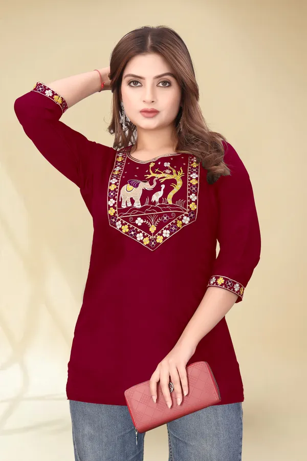Maroon_Embroidered_Straight_Kurti_for_Women