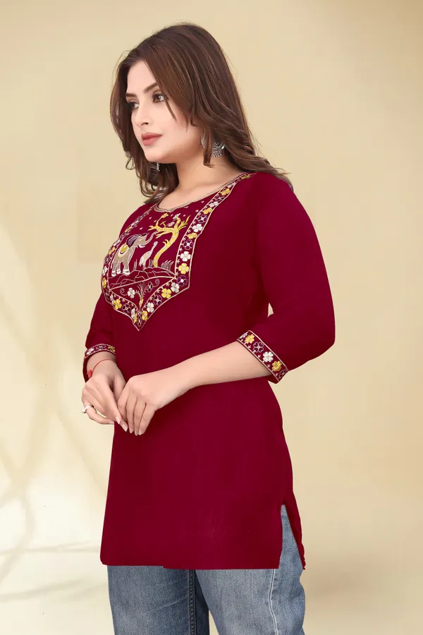 Maroon_Embroidered_Straight_Kurti_for_Women