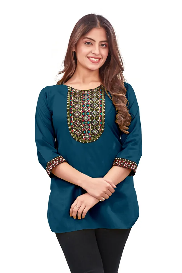 Teal_Embellished_Straight_Kurti_For_Women