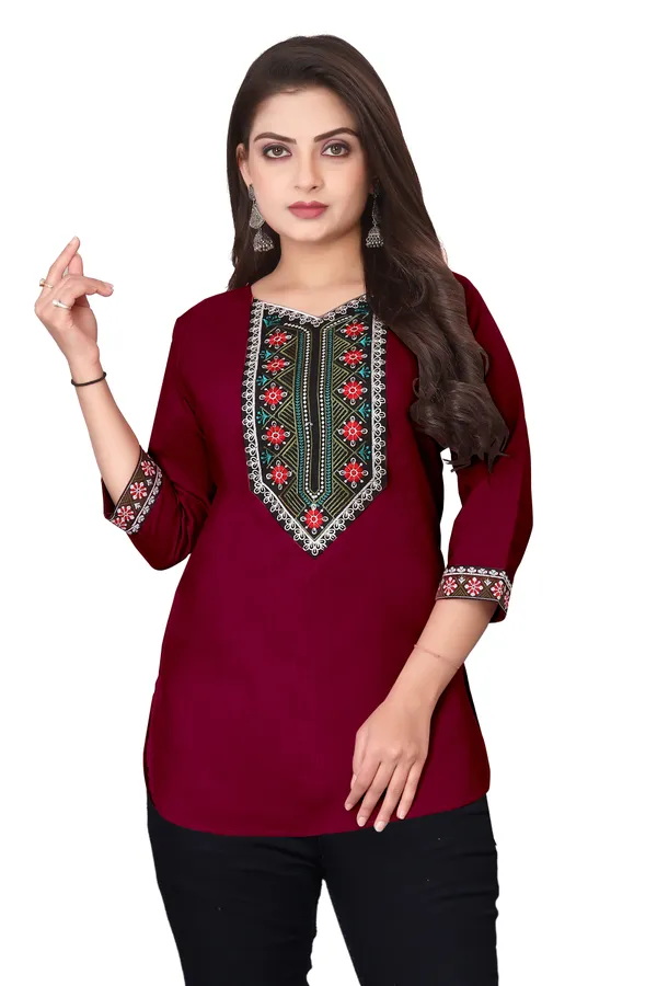 Maroon_Embroidered_Straight_Kurti_for_Women