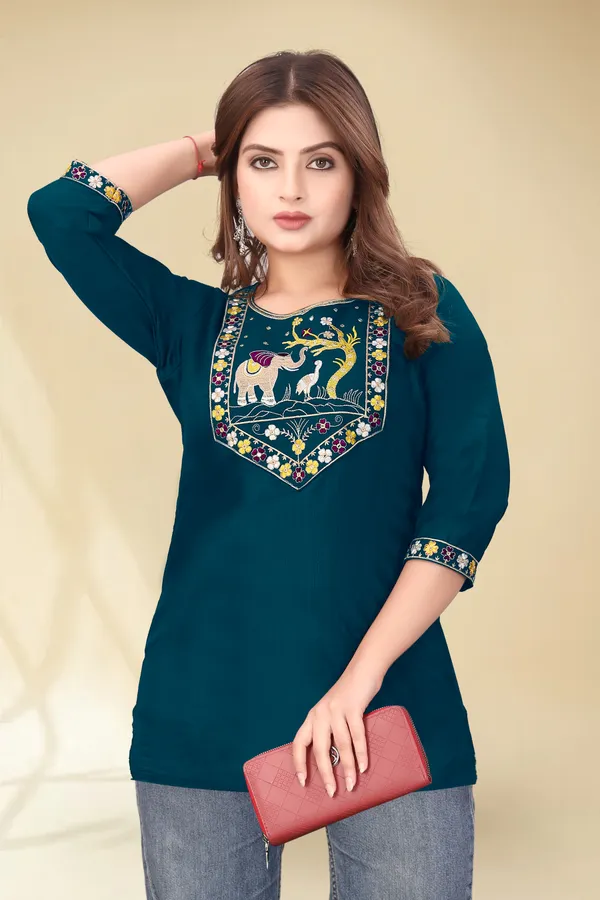 Teal_Embroidered_Straight_Kurti_for_Women