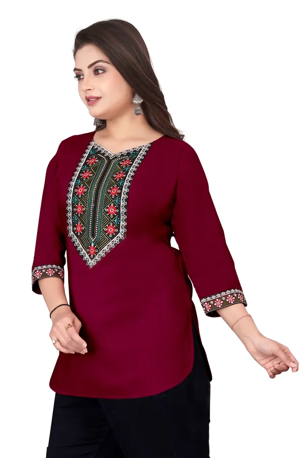 Maroon_Embroidered_Straight_Kurti_for_Women