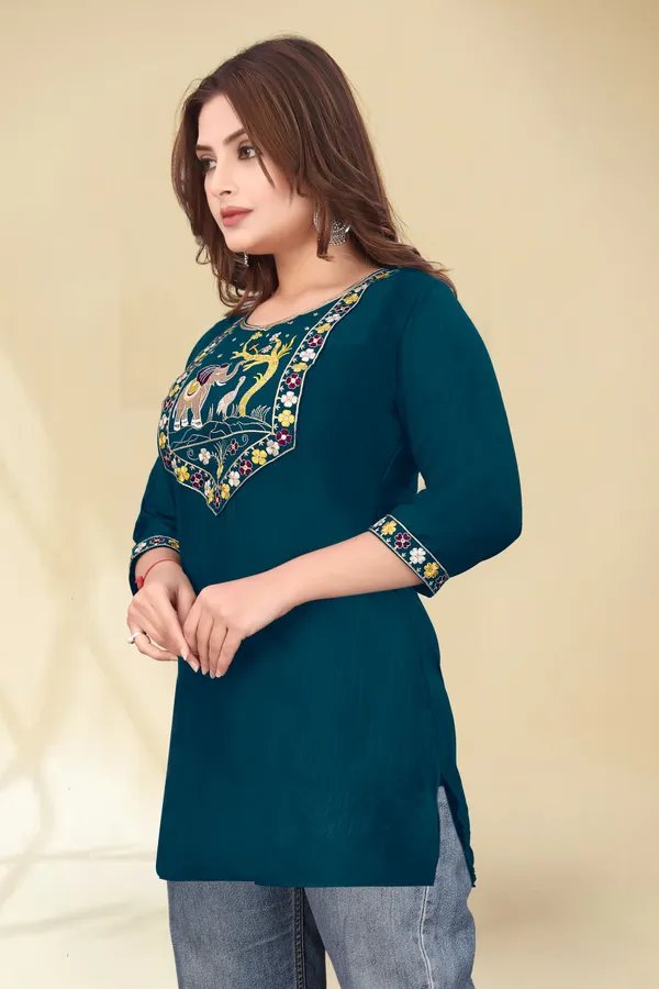 Teal_Embroidered_Straight_Kurti_for_Women