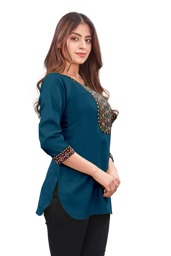 Teal_Embellished_Straight_Kurti_For_Women