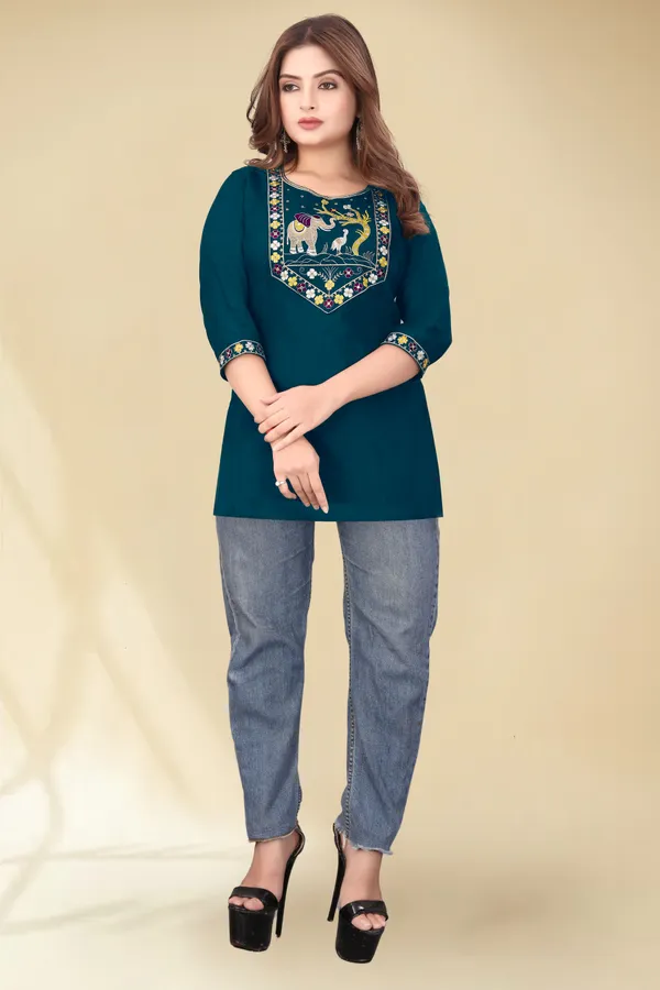Teal_Embroidered_Straight_Kurti_for_Women