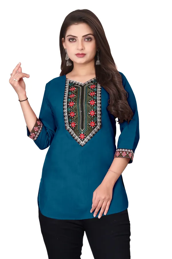 Blue_Embroidered_Straight_Kurti_for_Women