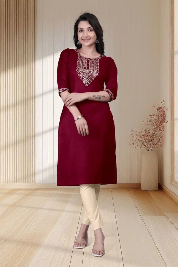 Maroon_Embroidered_Straight_Kurta_for_Women