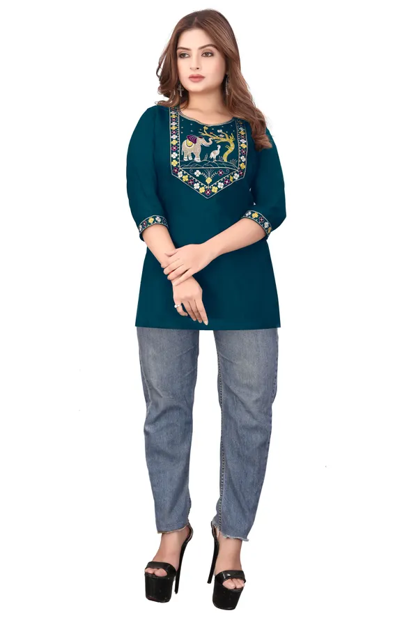 Teal_Embroidered_Straight_Kurti_for_Women
