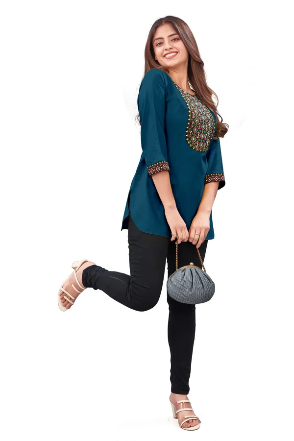 Teal_Embellished_Straight_Kurti_For_Women
