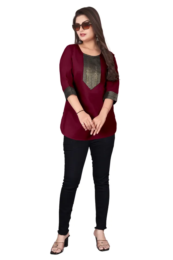 Maroon_Printed_3/4_Sleeve_Tunic_Top_for_Women